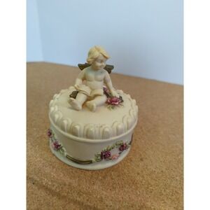 Vintage 1993 Dezine Trinket/Jewelry Box Hand Painted  Angel -Red Pink Roses Gift